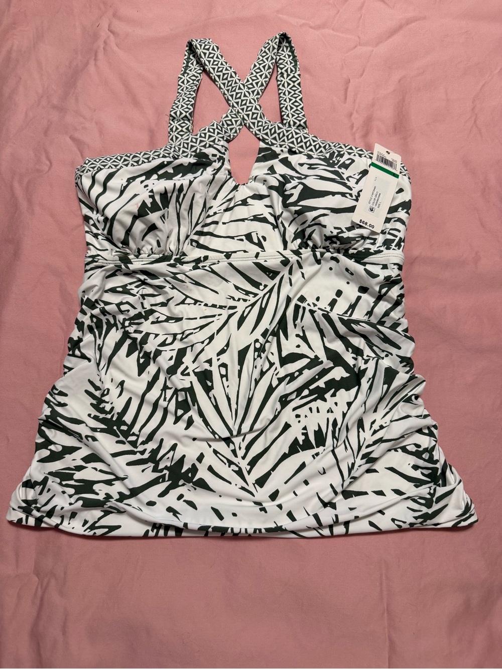 Green and White Palm-Print Crisscross swim top